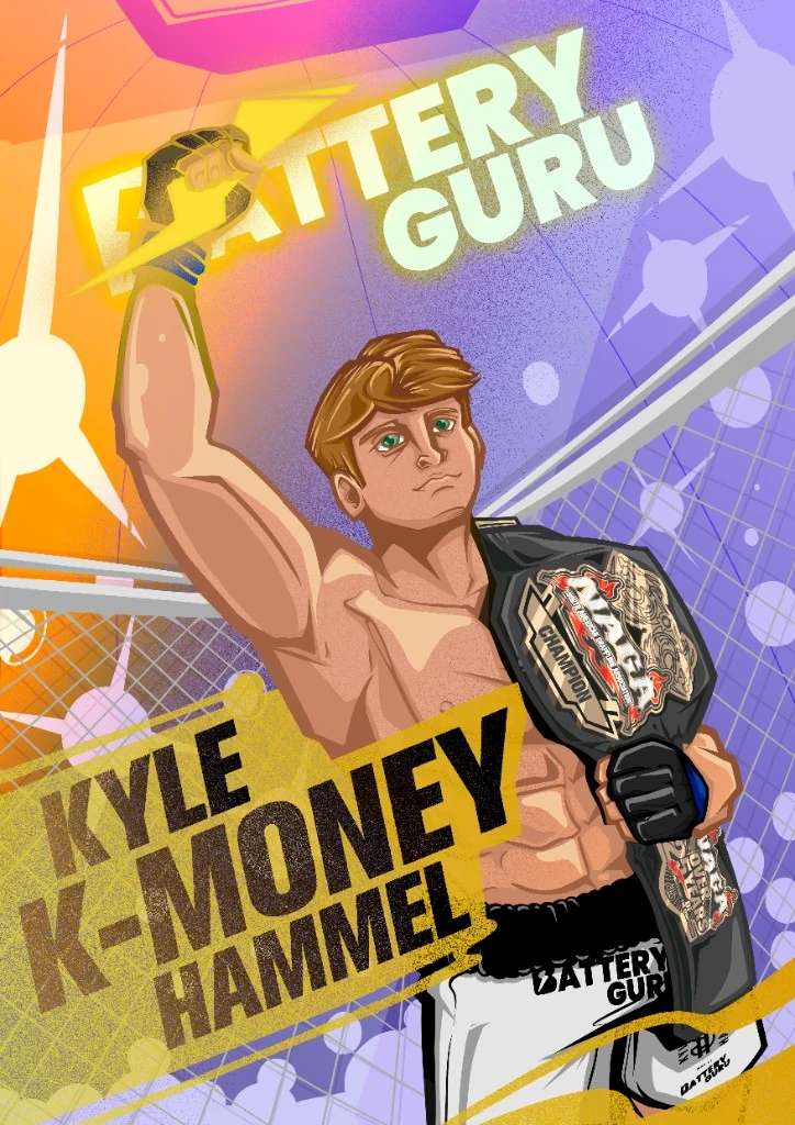 Comic-style portrait of Kyle K-Money Hammel with championship belt and lightning bolt
